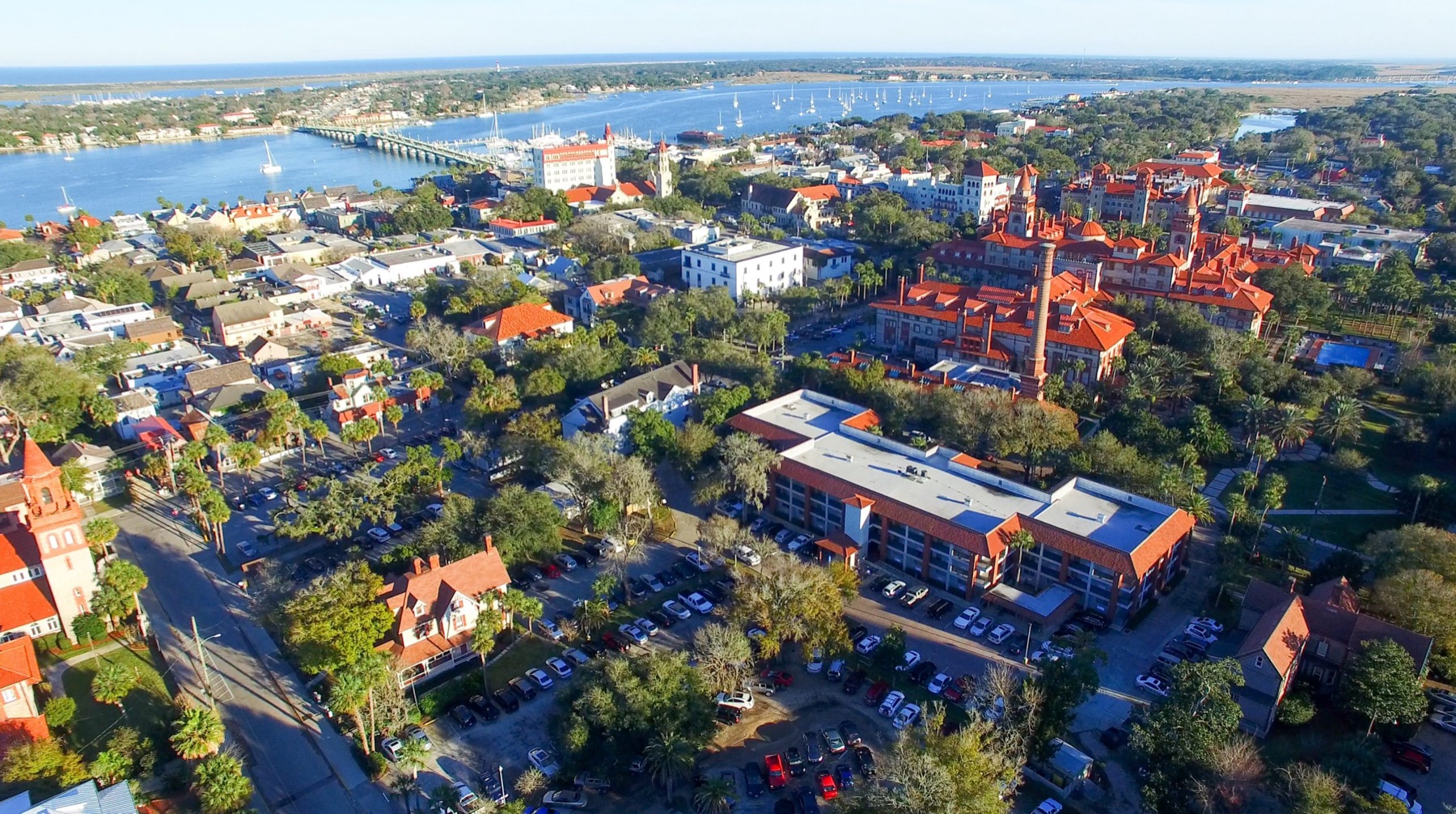Aerial view of historic St. Augustine, the Bridge of Lions and Matanzas Bay