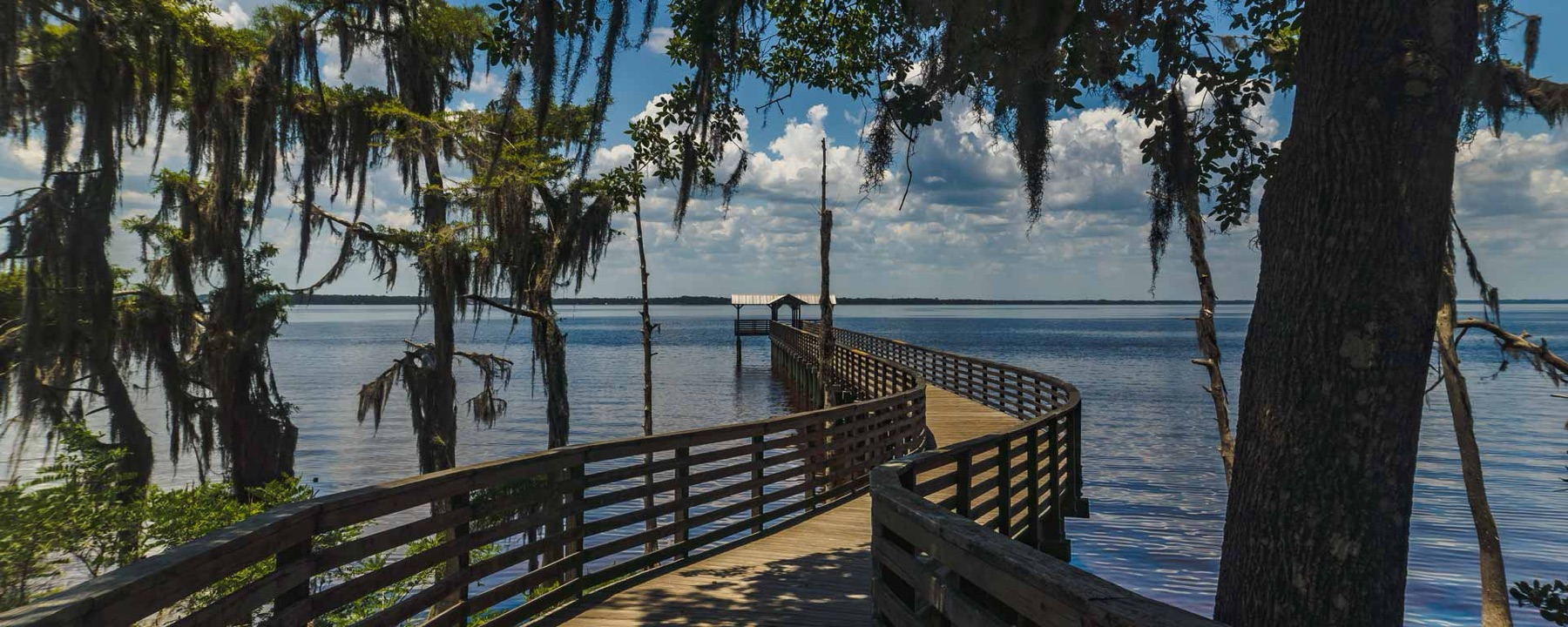 A dock reaching into the St. Johns River beneath mossy oaks in Mandarin