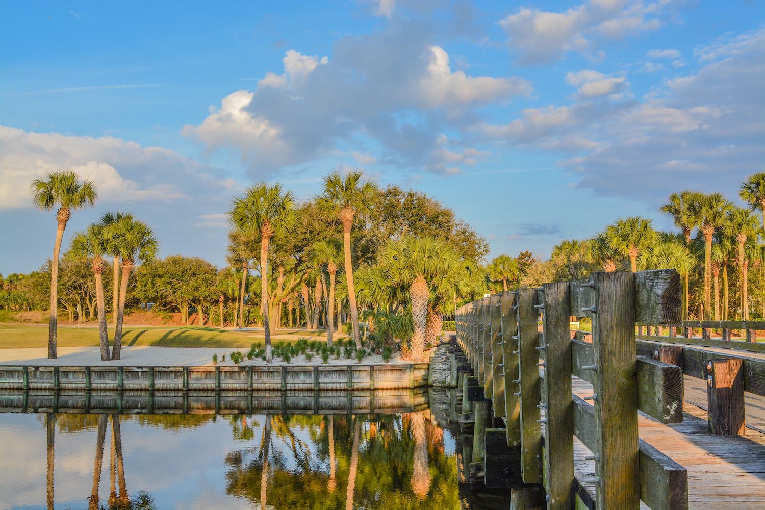 Boardwalk over a tidal creek lined with palms at Ponte Vedra Beach